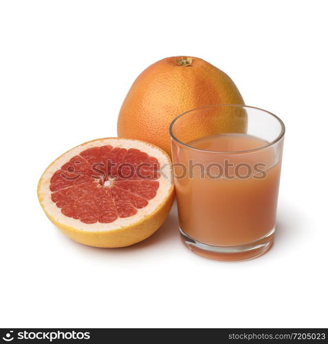 Whole and halved fresh juicy red grapefruit and a glass of juice isolated on white background