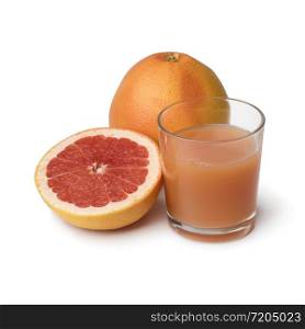 Whole and halved fresh juicy red grapefruit and a glass of juice isolated on white background