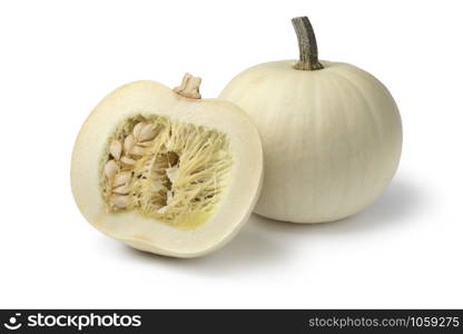 Whole and halved white Lumina pumpkin isolated on white background