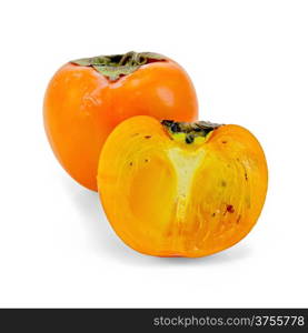 Whole and halves of persimmon isolated on white background