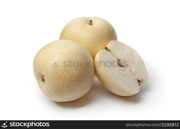 Whole and partial Nashi pear isolated on white background