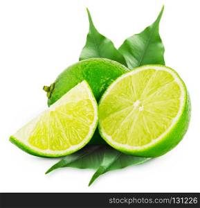 Whole and slices of lime with green leaves isolated on white background. Whole and slices of lime with green leaves