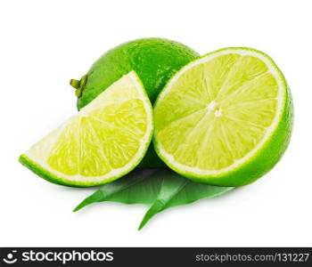 Whole and slices of lime with leaves isolated on white background. Whole and slices of lime with leaves