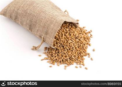 whole background of raw wheat grain in sack bag on white