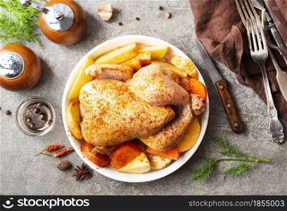 Whole baked chicken with crusty skin glazed with honey. Chicken with potato and carrot