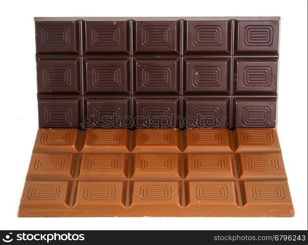 Whole dark and light chocolate bars isolated towards white background