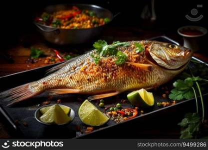 Whole fish with a grilled skin Arab food Generative AI