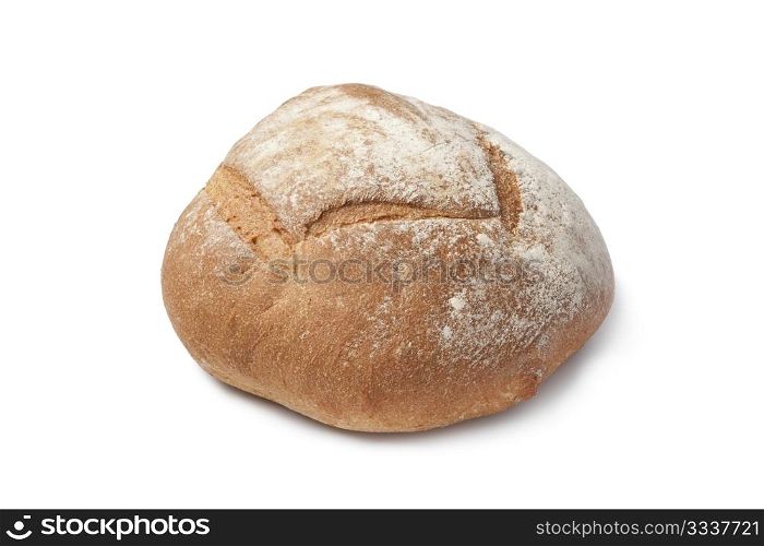 Whole fresh artisan loaf of bread on white background