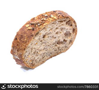 Whole grain bread Slice over white background, diagonal view with shallow focus