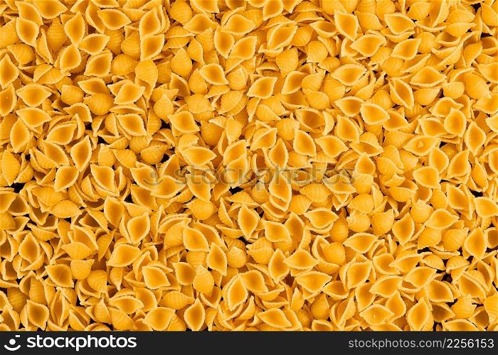 Whole grain pasta - small shell on a dark mirrored table, pasta layout on the table. Durum wheat varieties cooking concept