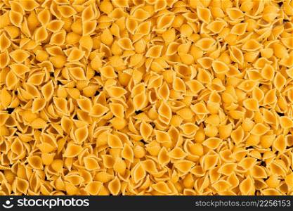 Whole grain pasta - small shell on a dark mirrored table, pasta layout on the table. Durum wheat varieties cooking concept