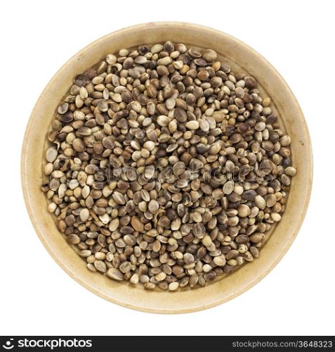 whole hemp seeds in a small bowl isolated on white, top view