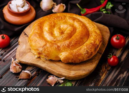 Whole homemade baked traditional Greek cheese pie