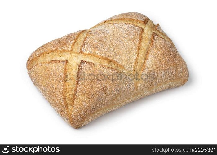 Whole loaf of white paysan bread, farmers bread isolated on white background