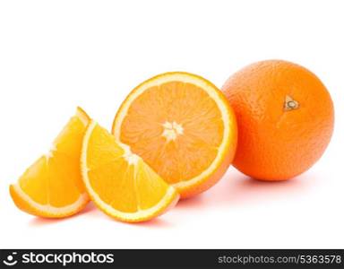 Whole orange fruit and his segments or cantles isolated on white background cutout