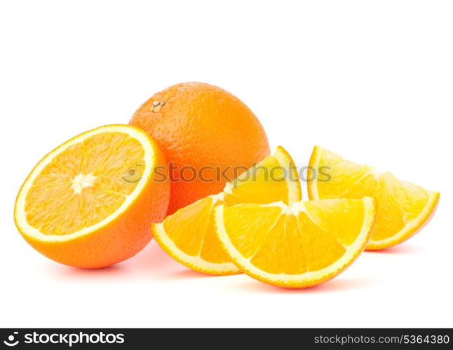 Whole orange fruit and his segments or cantles isolated on white background cutout