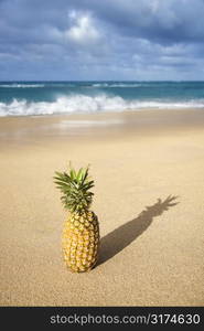 Whole pineapple on tropical beach.