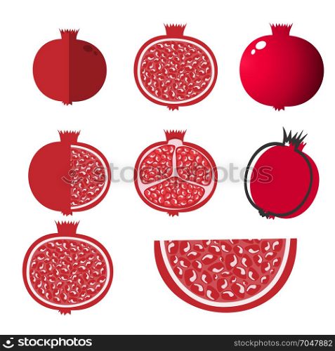 Whole pomegranate design juicy fresh fruit icon. Raw pomegranate flat cartoon illustration template.. Whole pomegranate design juicy fresh fruit icon set. Raw red pomegranate flat cartoon illustration template.