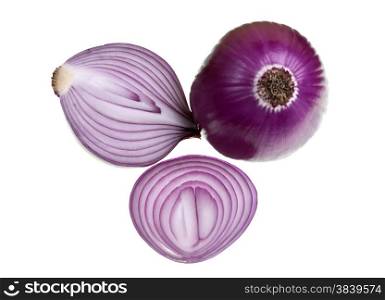 Whole red onion and cuts isolated on white background
