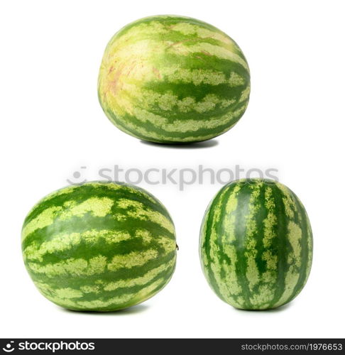 whole ripe round striped watermelon with yellow side isolated on white background, delicious summer berry, set