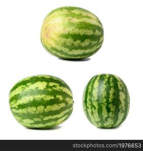 whole ripe round striped watermelon with yellow side isolated on white background, delicious summer berry, set
