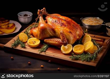 Whole Roasted Chicken Food Looks Delicious Served in Restaurant with Lemon for Dinner