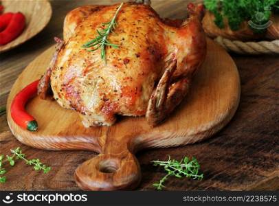 Whole roasted chicken with herb on cutting board. Whole roasted chicken on cutting board