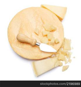 Whole round Head and pieces of parmesan or parmigiano hard cheese isolated on white background. Whole round Head and pieces of parmesan or parmigiano hard cheese