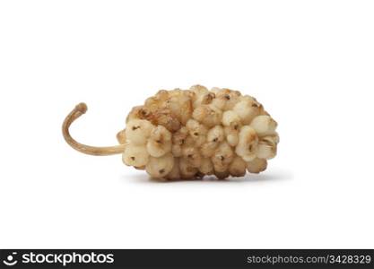 Whole single dried mulberry on white background