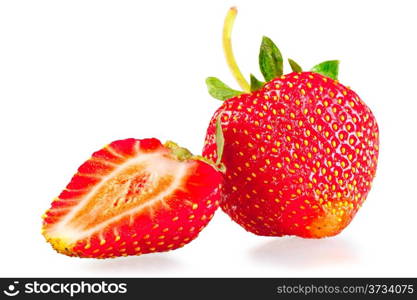 whole strawberry and half on white background