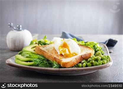 Whole wheat toasted bread with avocado, poached egg, pea on plate. Top view. Healthy diet breakfast