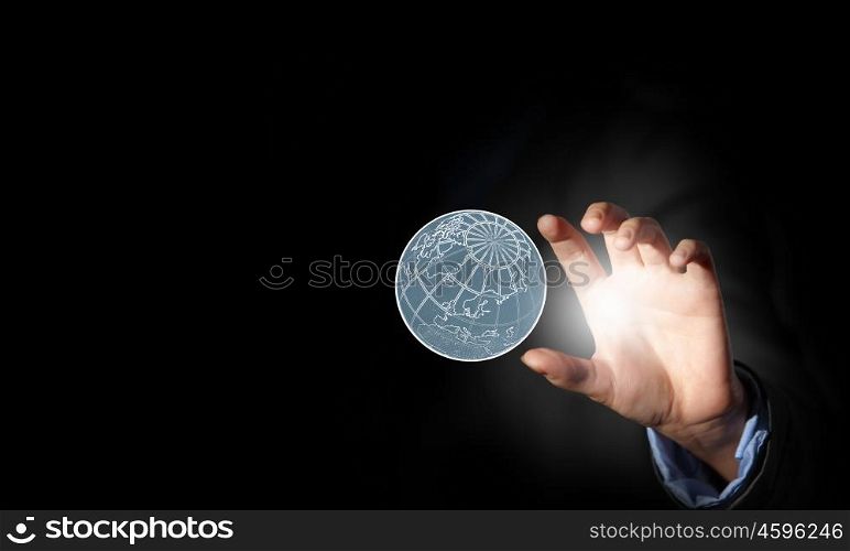 Whole world in hands. Close up of businessman handtaking planet sign