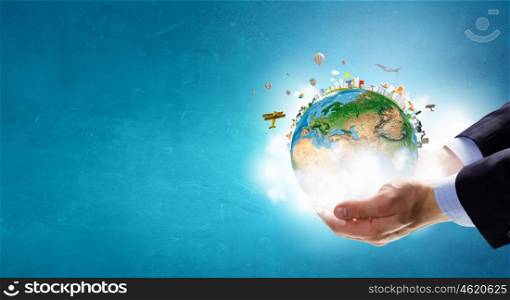 Whole world in hands. Hands holding Earth planet concept. Elements of this image are furnished by NASA