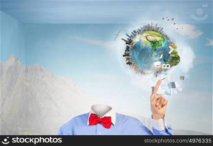 Whole world in his head. Businessman with globe for head. Elements of this image are furnished by NASA