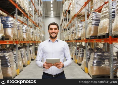 wholesale, logistic, business, export and people concept - happy man or manager with tablet pc computer at warehouse