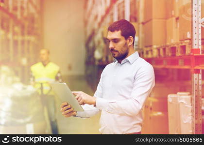 wholesale, logistic, business, export and people concept - man or manager with tablet pc computer checking goods at warehouse. businessman with tablet pc at warehouse