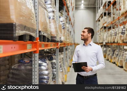 wholesale, logistic, business, export and people concept - man or manager with clipboard checking goods at warehouse