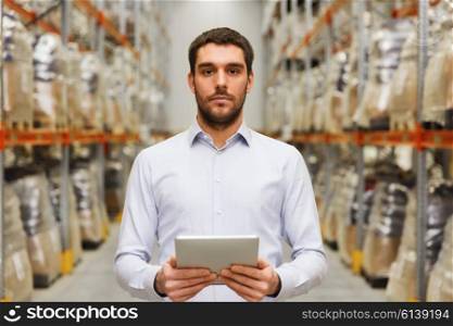 wholesale, logistic, business, export and people concept - man or manager with tablet pc computer at warehouse