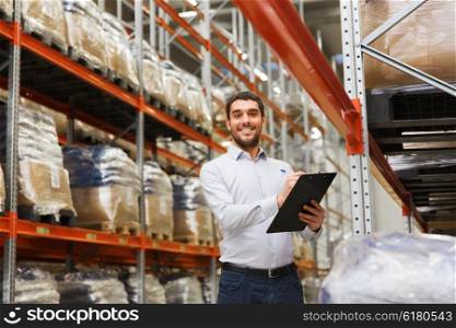 wholesale, logistic, business, export and people concept - man or manager with clipboard checking goods at warehouse