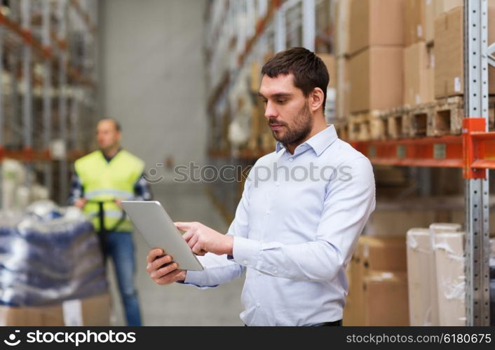 wholesale, logistic, business, export and people concept - man or manager with tablet pc computer checking goods at warehouse