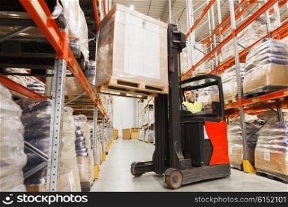 wholesale, logistic, loading, shipment and people concept - man or loader on forklift loading cargo at warehouse