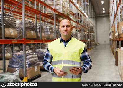 wholesale, logistic, technology, shipment and people concept - man or manual worker with tablet pc at warehouse