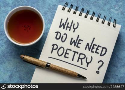 Why do we need poetry? Handwriting in a notebook with a cup of tea. Inspirational and provocative question.