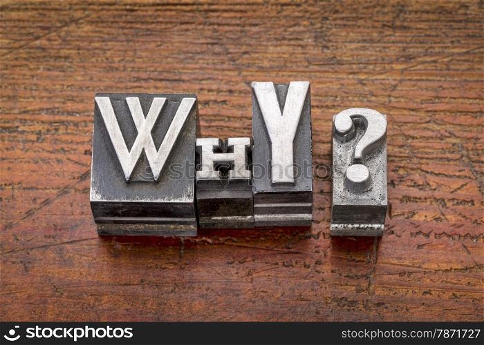 why question i in mixed vintage metal type printing blocks over grunge wood