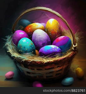 Wicker basket full of painted color easter eggs. Color easter eggs in the wicker basket. 3D illustration
