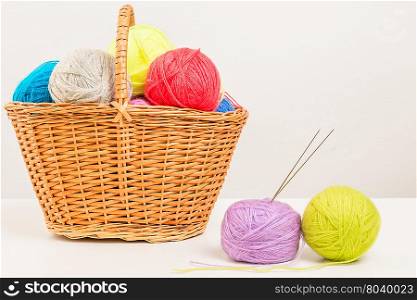 wicker basket packed full of skeins on white table