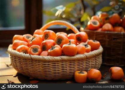 Wicker basket with fresh raw kaki persimmon fruit. Generative AI