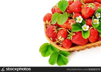 Wicker basket with tasty red strawberries on white background . Free space for text.