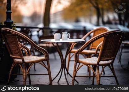 Wicker chairs and a metal table in an outdoor summer cafe. Generative AI