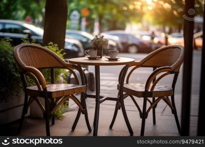 Wicker chairs and a metal table in an outdoor summer cafe. Generative AI